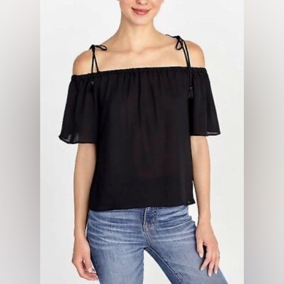 J.Crew Tie Tassel Cold-Shoulder Top Black Women Size 6 - Picture 1 of 6